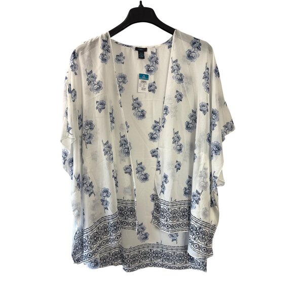 Rue 21+ Womens Sheer Floral Kimono Cardigan 3X/4X Polyester White Blue New - Picture 1 of 5